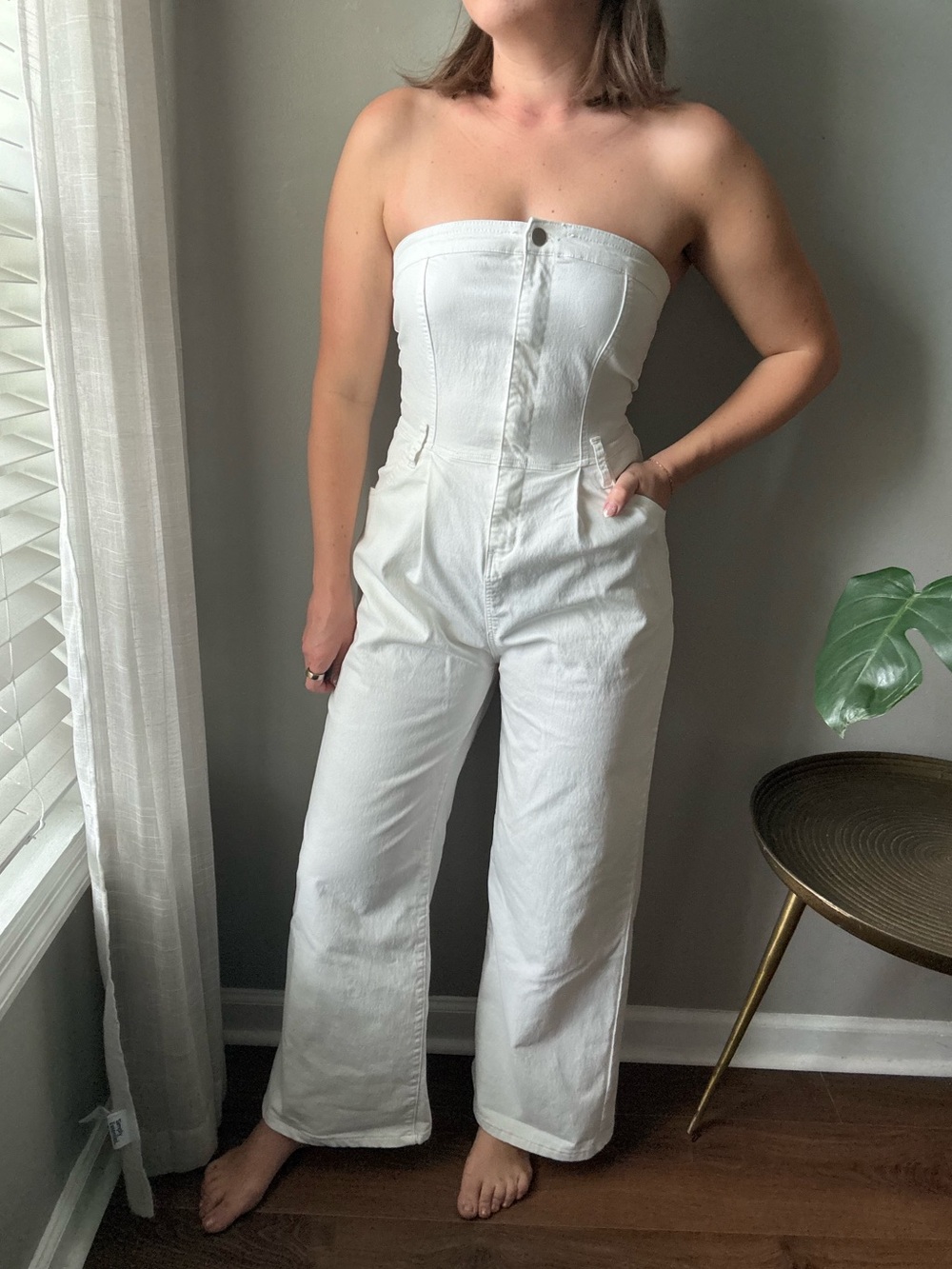 NEEDII Strapless White Denim Jumpsuit Size M